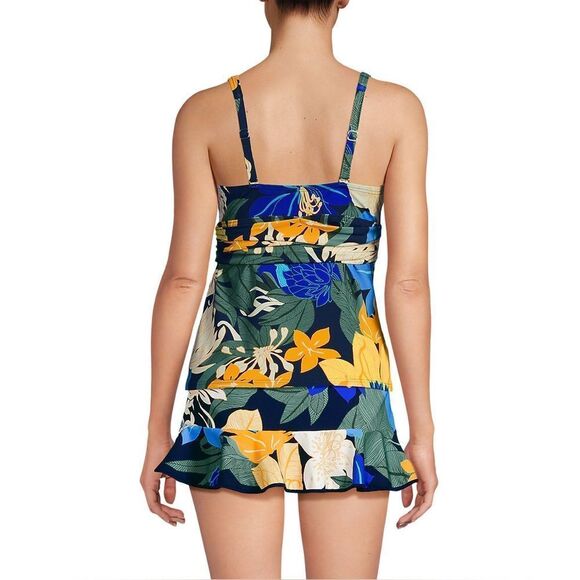 Lands' End plunge multi floral X back tankini top navy floral navy White Med DD - Picture 6 of 8